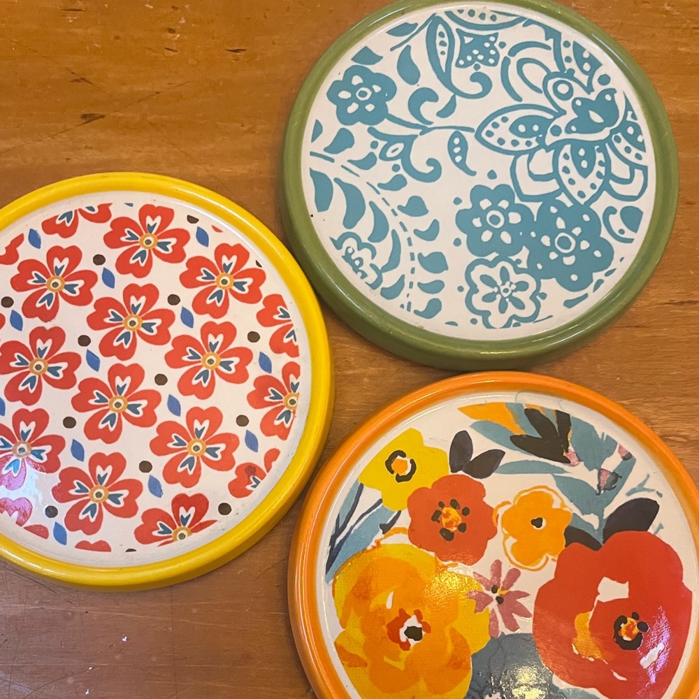 Set of 3 Floral Ceramic Coasters | Cork Back | Colorful Boho Decor - Picture 3 of 3